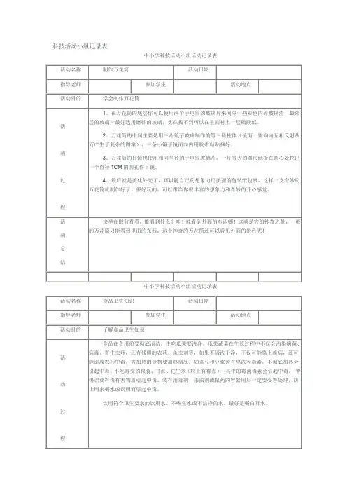 中小学科技活动小组活动记录表
