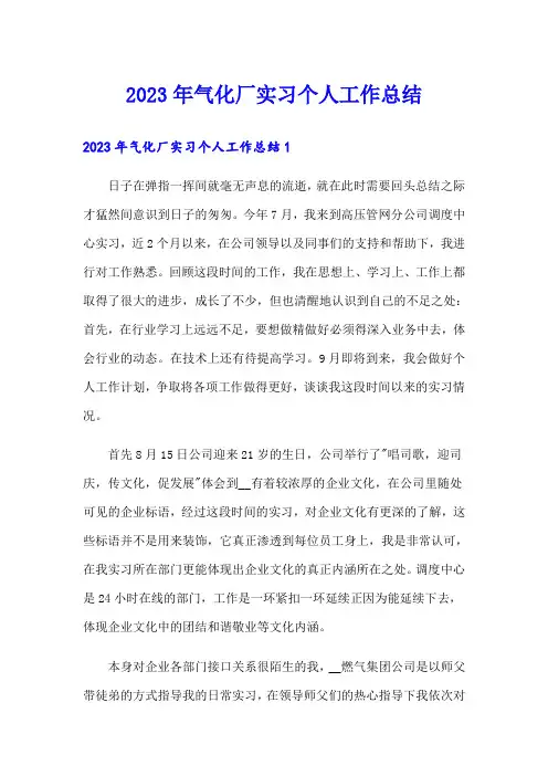 2023年气化厂实习个人工作总结