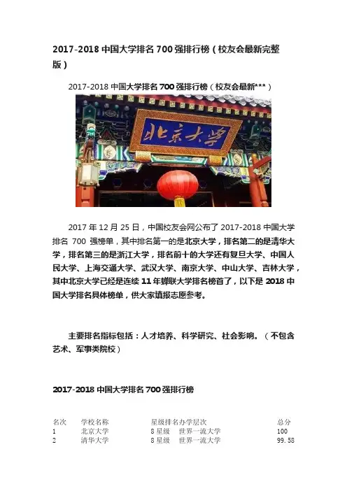 2017-2018中国大学排名700强排行榜（校友会最新完整版）