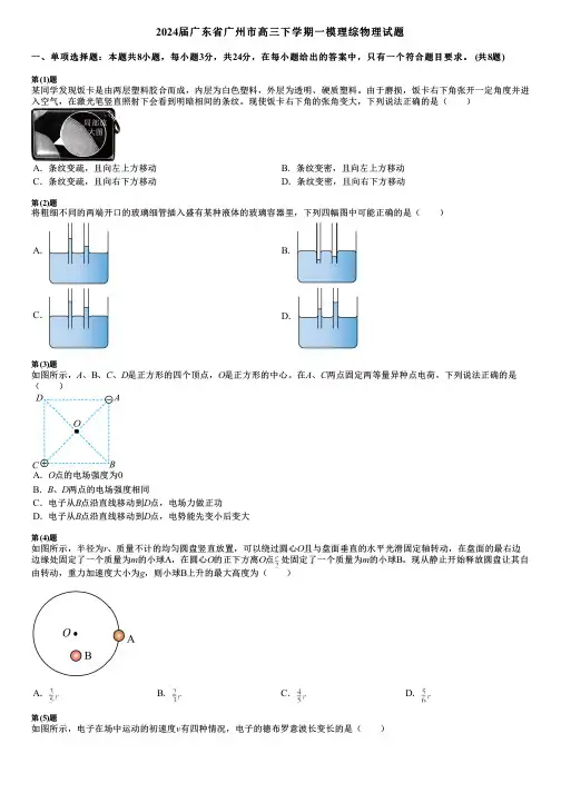 2024届广东省广州市高三下学期一模理综物理试题