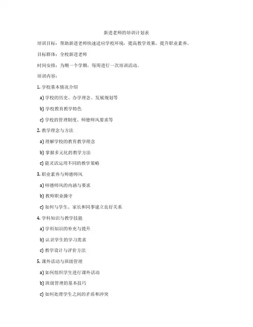 新进老师的培训计划表