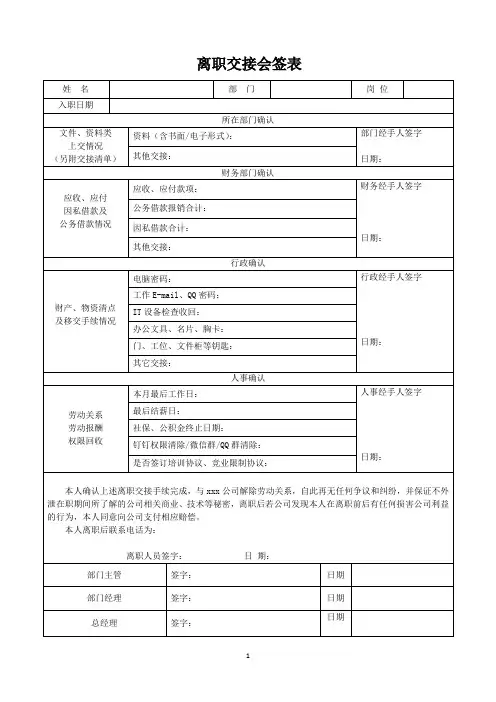 离职交接会签表