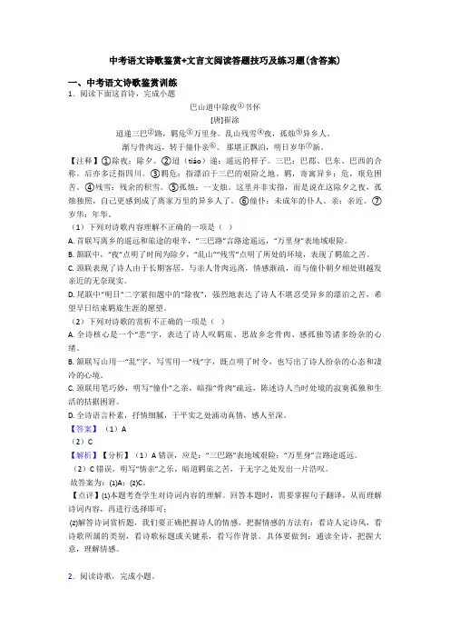 中考语文诗歌鉴赏+文言文阅读答题技巧及练习题(含答案)