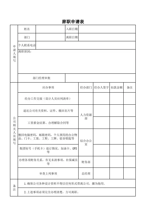 辞职申请表
