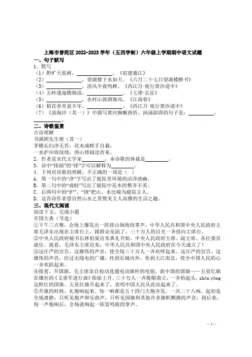 上海市普陀区2022-2023学年(五四学制)六年级上学期期中语文试题【含答案】