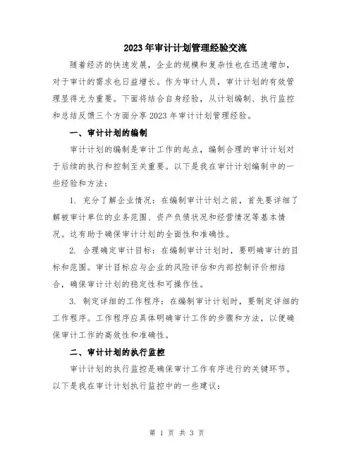 2023年审计计划管理经验交流