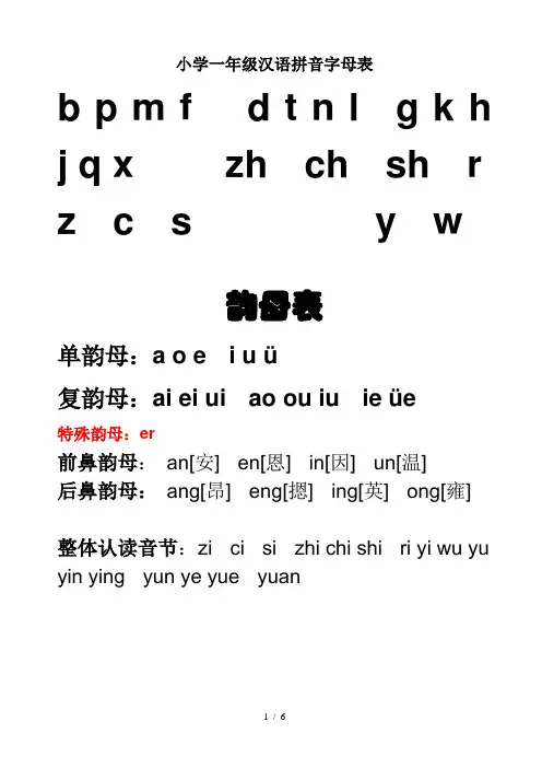 小学一年级汉语拼音字母表