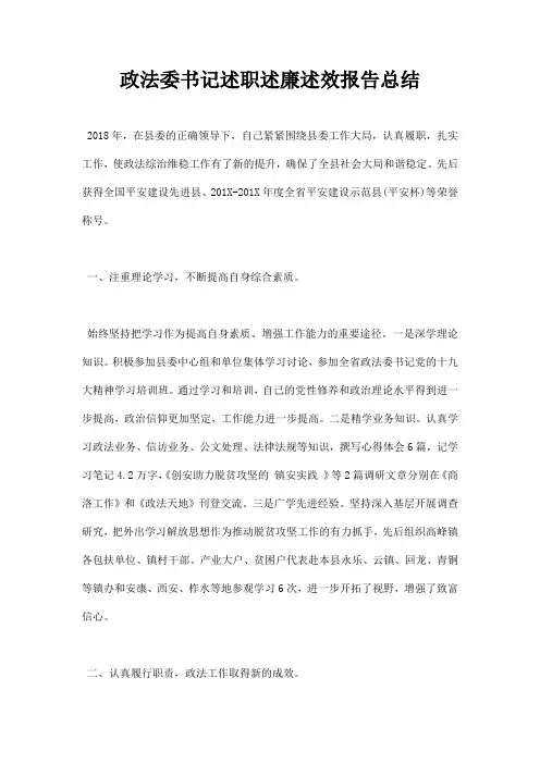 最新政法委书记述职述廉述效报告总结