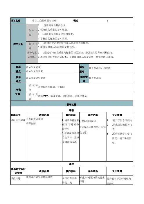 商品学(慕课版)教案教学设计 项目二 商品质量与标准