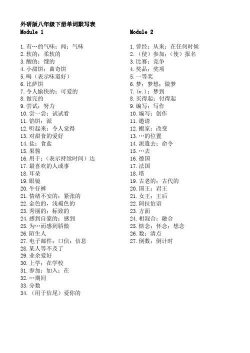 外研版八年级下册单词默写表