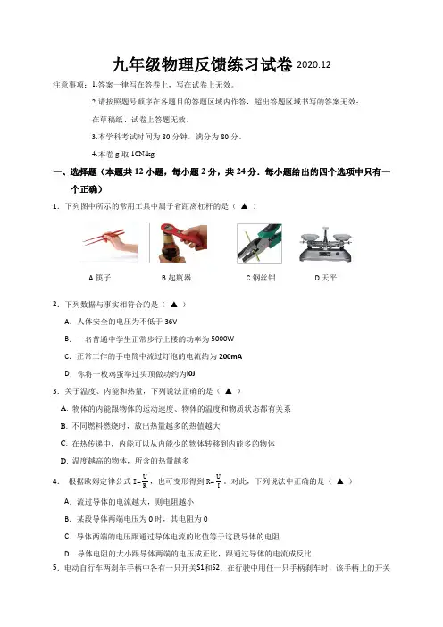 江苏省无锡市惠山区八校2021届九年级12月反馈练习物理试题