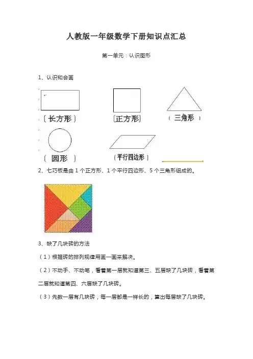 人教版一年级数学下册知识点汇总