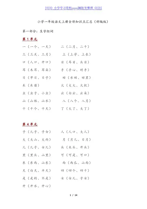 2018小学一年级语文全部知识点汇总