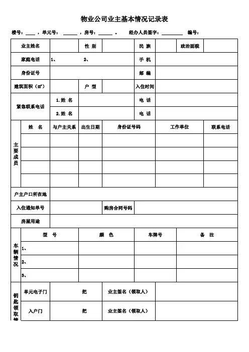 物业公司业主基本情况登记表