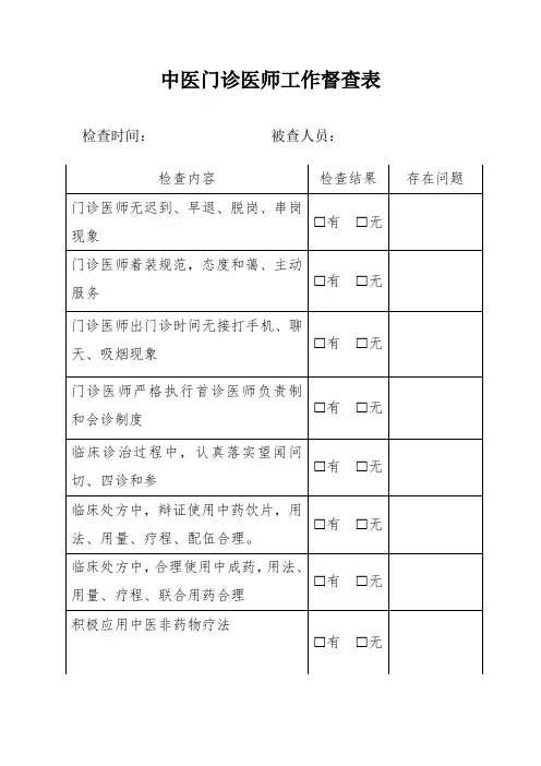 中医门诊医师工作督查表