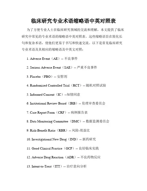 临床研究专业术语缩略语中英对照表