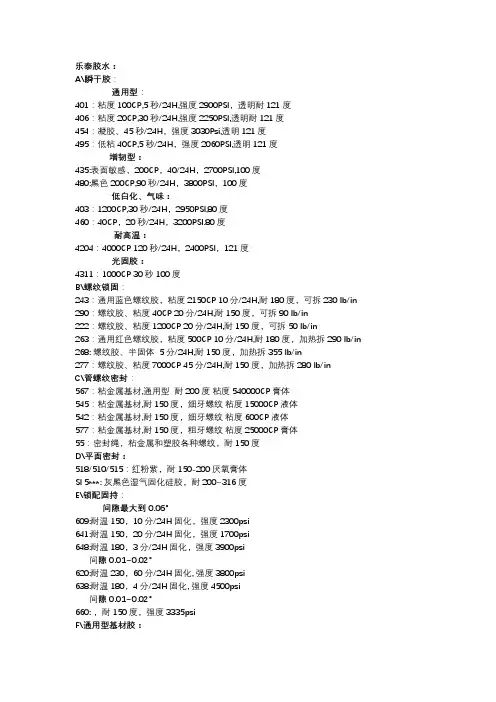 乐泰胶水型号规格表
