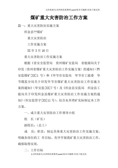 煤矿重大灾害防治工作方案