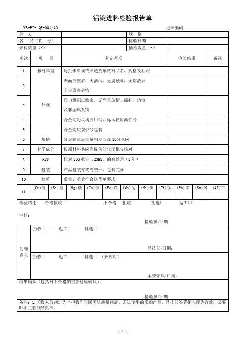 铝锭进料检验报告单