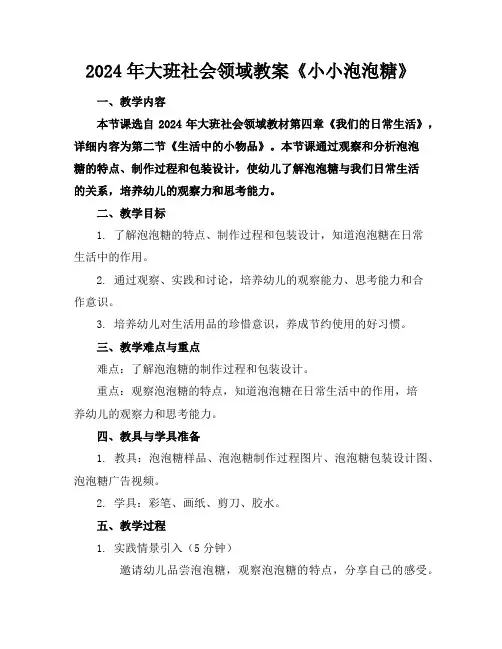 2024年大班社会领域教案《小小泡泡糖》