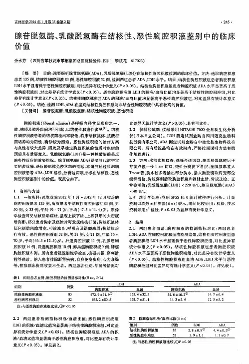 腺苷脱氨酶、乳酸脱氢酶在结核性、恶性胸腔积液鉴别中的临床价值