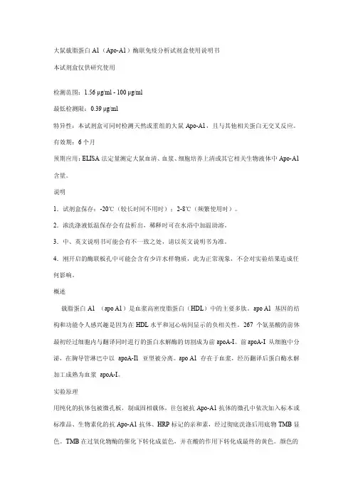 大鼠载脂蛋白 A1(Apo-A1)酶联免疫分析试剂盒 说明书