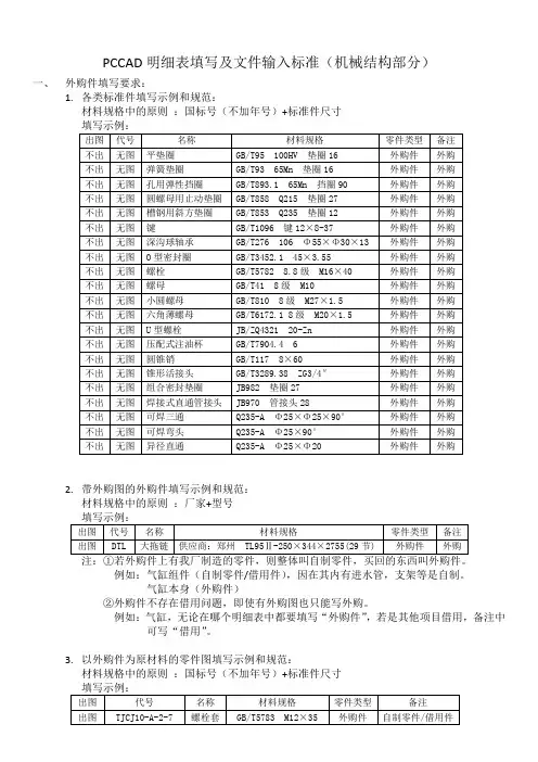 PCCAD明细表填写及文件输入标准