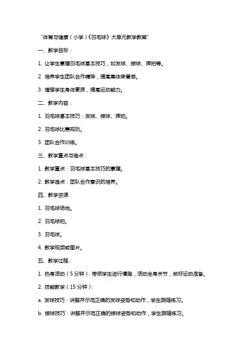 体育与健康(小学)《羽毛球》大单元教学教案 (
