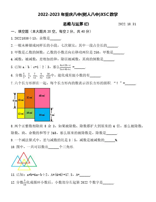 2022-2023年重庆八中(树人八中)小升初数学真题卷附参考答案