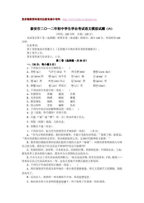 泰安市2012年中考语文模拟试题及答案(6)