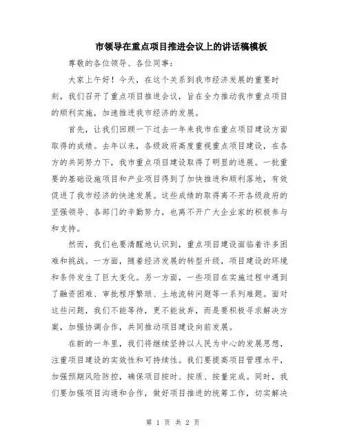 市领导在重点项目推进会议上的讲话稿模板