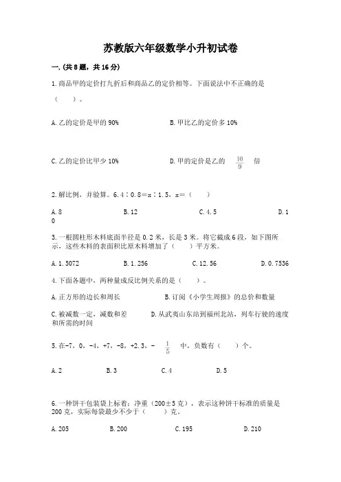 苏教版六年级数学小升初试卷及精品答案