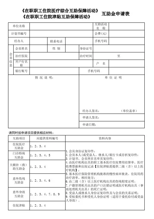 (云)在职工职工住院互助金申请表