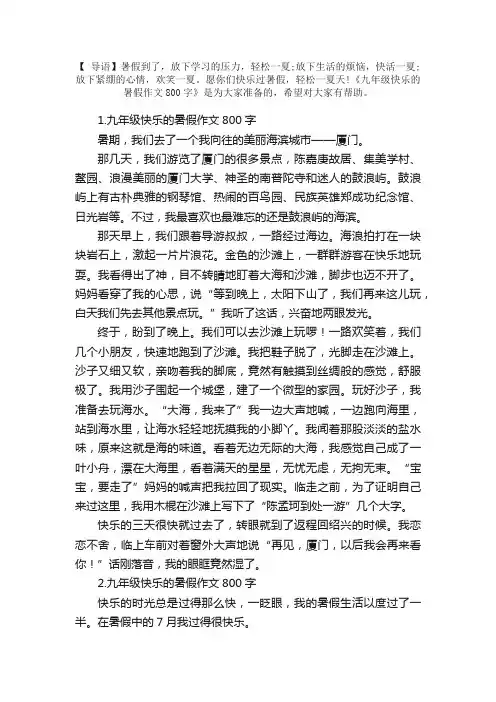 九年级快乐的暑假作文800字5篇