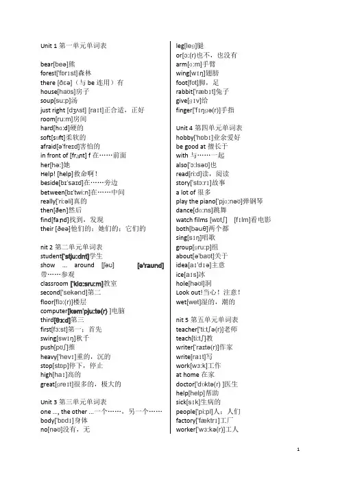 Unit 1第一单元单词表