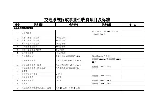 交通系统行政事业性收费项目及标准
