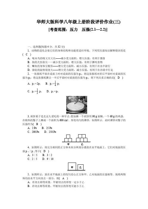 华师大版科学八年级上册阶段评价作业(三)(答案版)