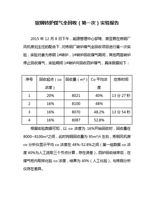 转炉煤气全回收实验