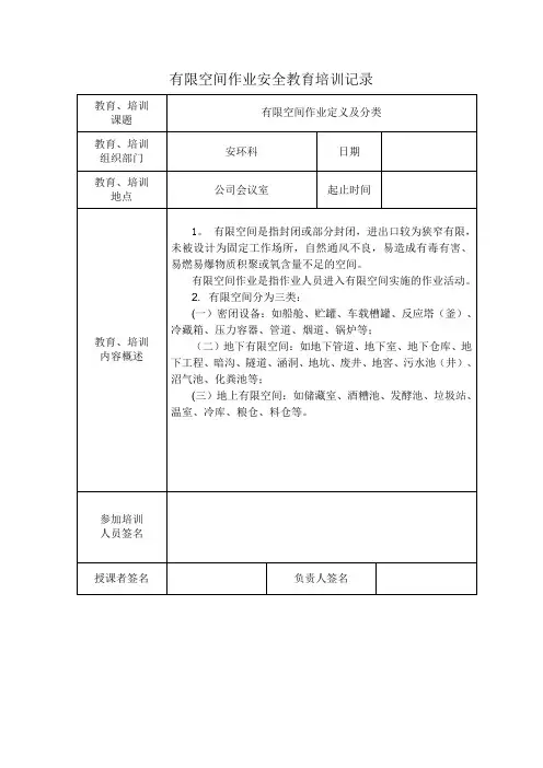 有限空间作业安全培训记录【范本模板】