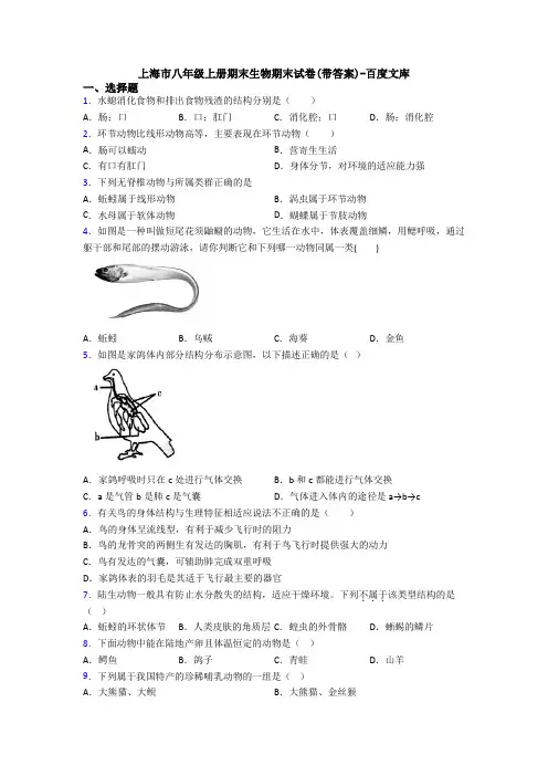 上海市八年级上册期末生物期末试卷(带答案)-百度文库