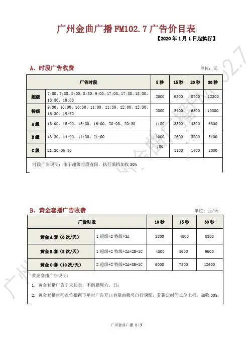 广州人民广播电台金曲广播FM102.7 广告价目表