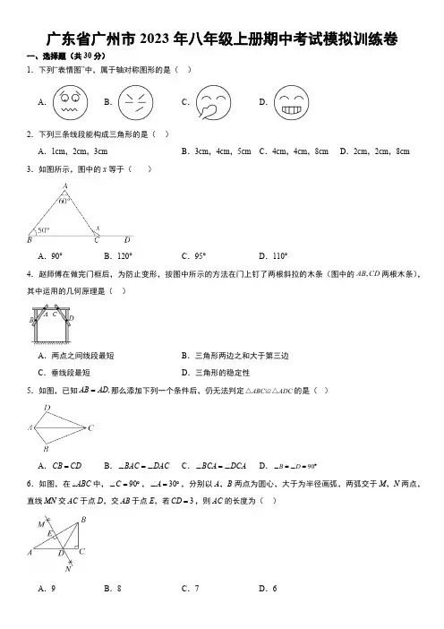 广东省广州市2023年八年级上册期中考试模拟训练卷(含解析)