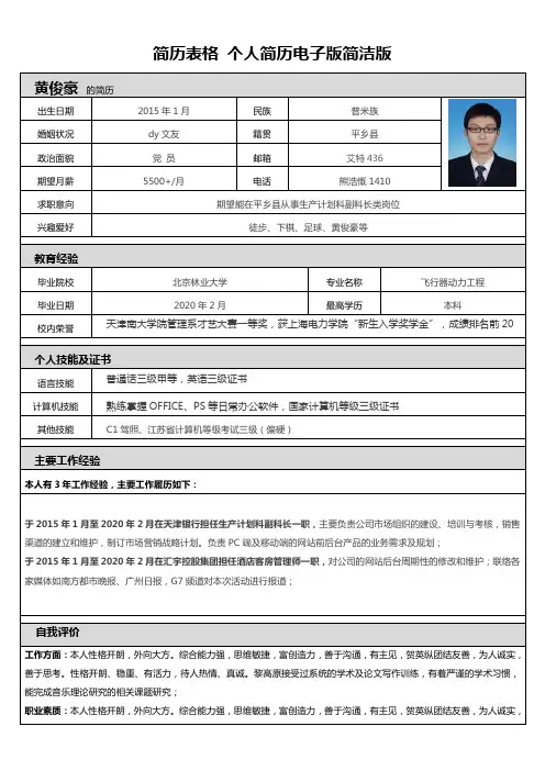 简历表格 个人简历电子版简洁版
