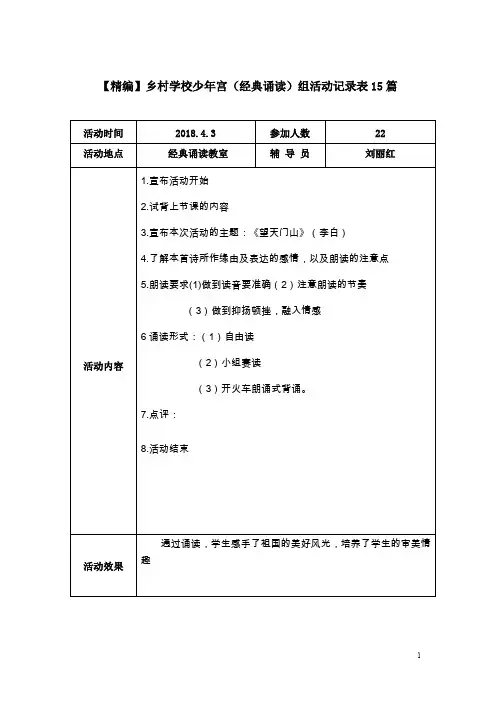 【精编】乡村学校少年宫(经典诵读)组活动记录表15篇