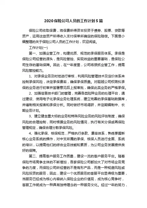 2020保险公司人员的工作计划5篇