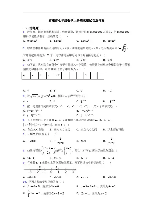 枣庄市七年级数学上册期末测试卷及答案