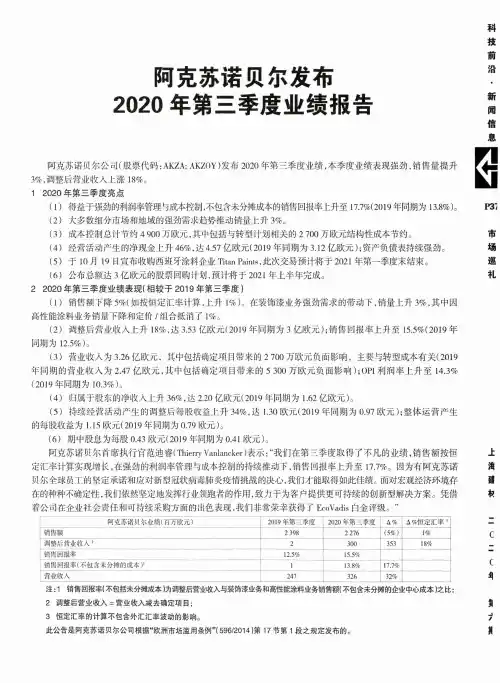 阿克苏诺贝尔发布2020年第三季度业绩报告