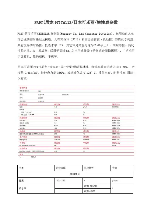 PA9T(尼龙9T)TA112日本可乐丽物性表参数