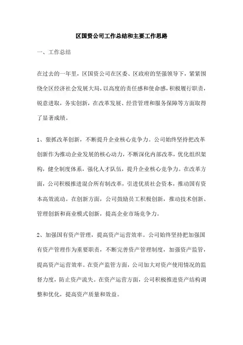 区国资公司工作总结和主要工作思路