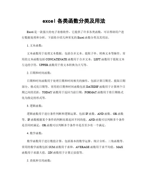 excel各类函数分类及用法